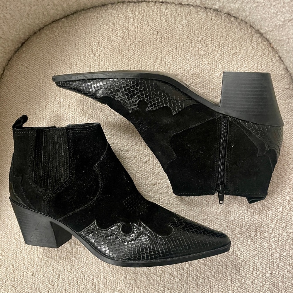 Zara Black Leather & Suede Western Ankle Booties